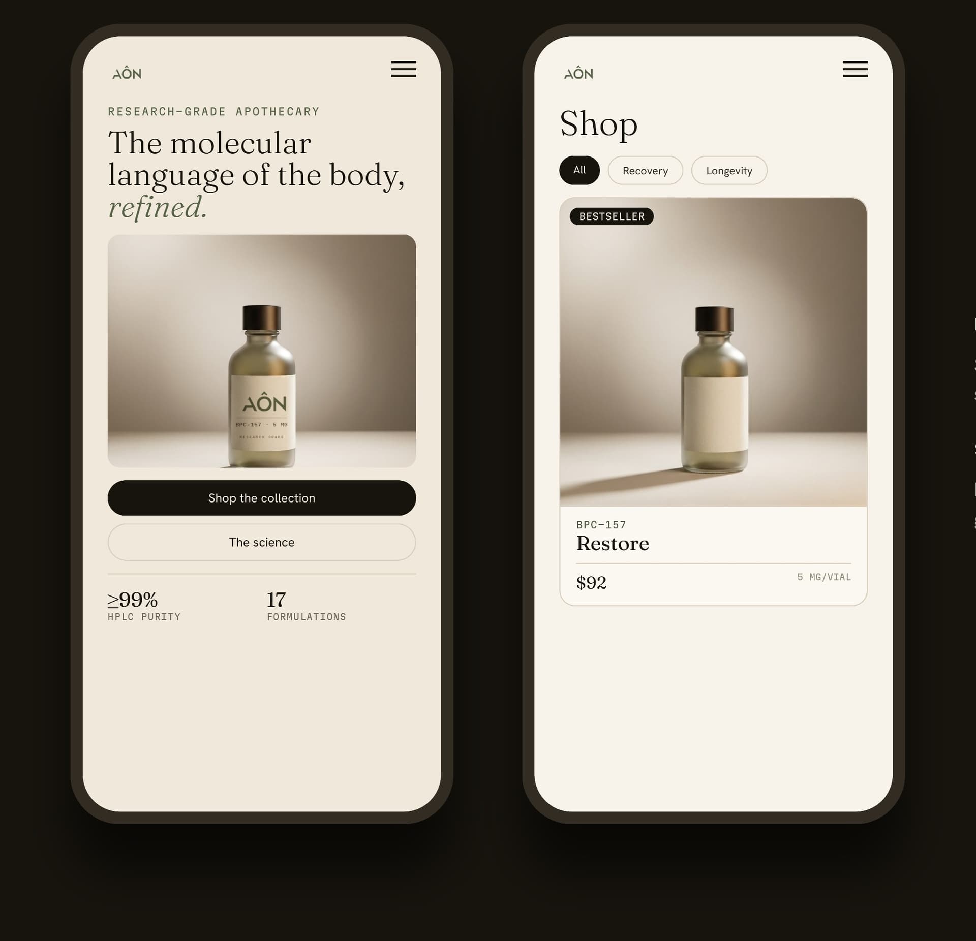 Aôn responsive home and shop experiences shown on two mobile devices