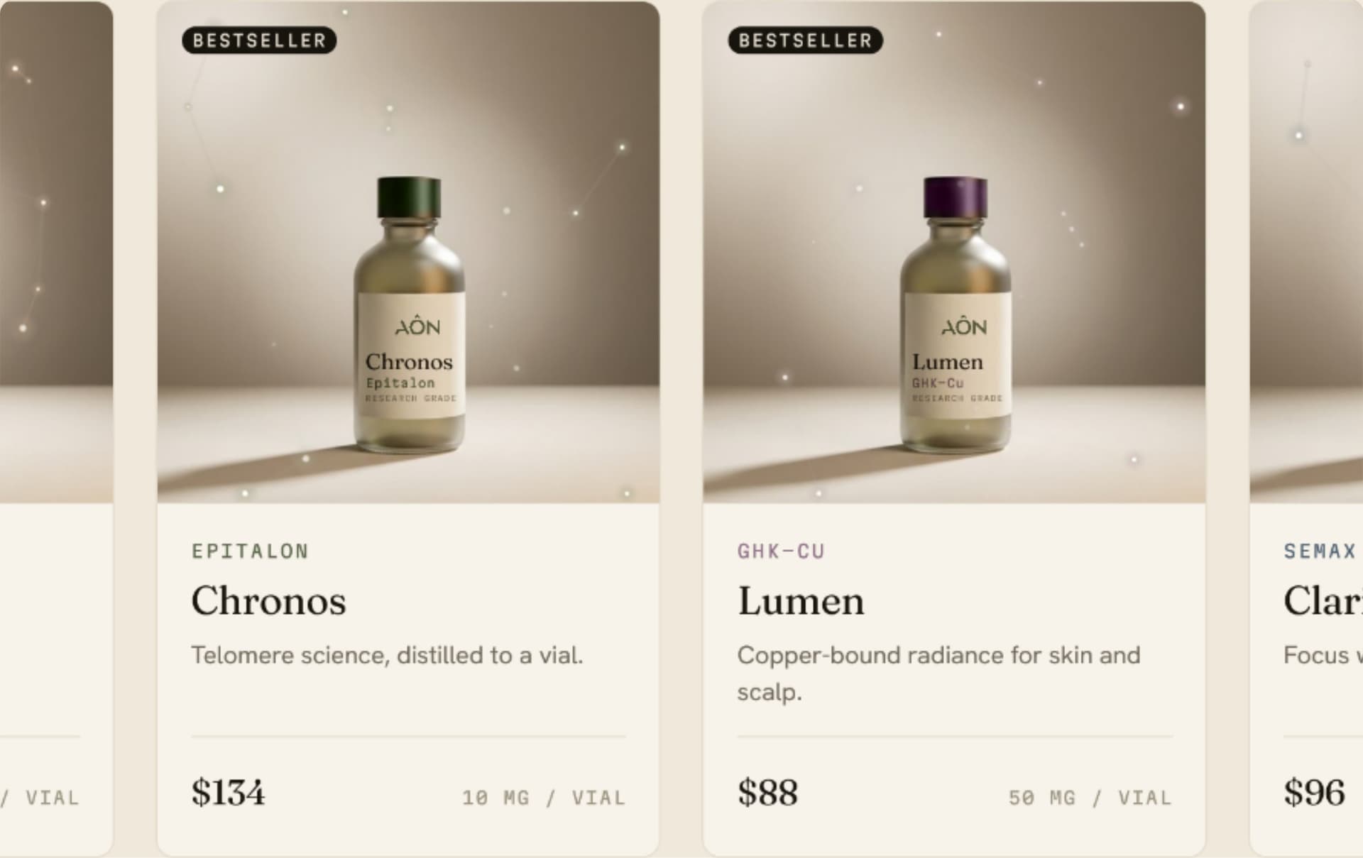 Aôn product system showing apothecary bottles, category labels, and editorial product cards