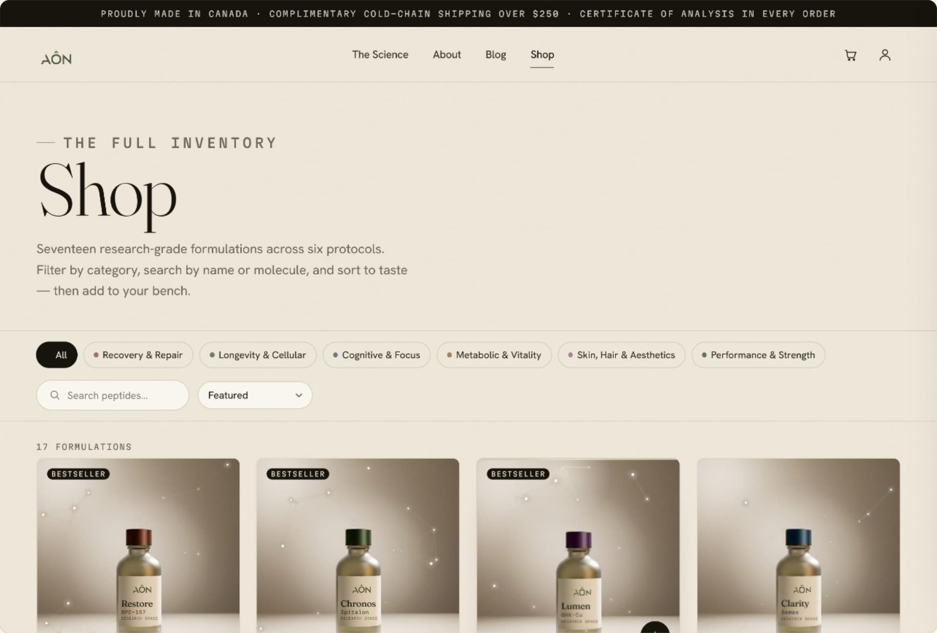 Aôn desktop shop with search, filters, category navigation, and a product grid