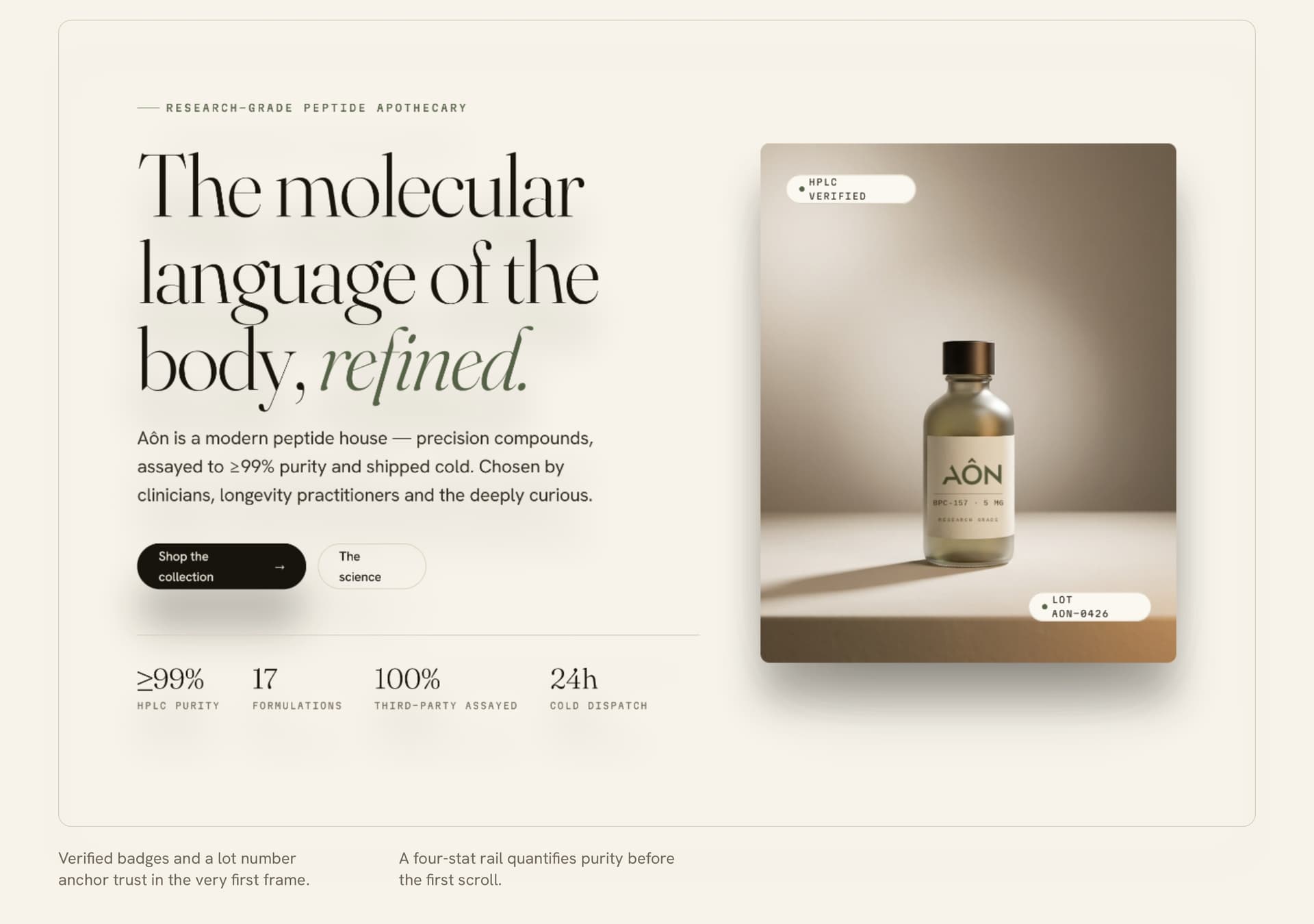 Aôn desktop home experience with editorial headline, product image, and verified information hierarchy