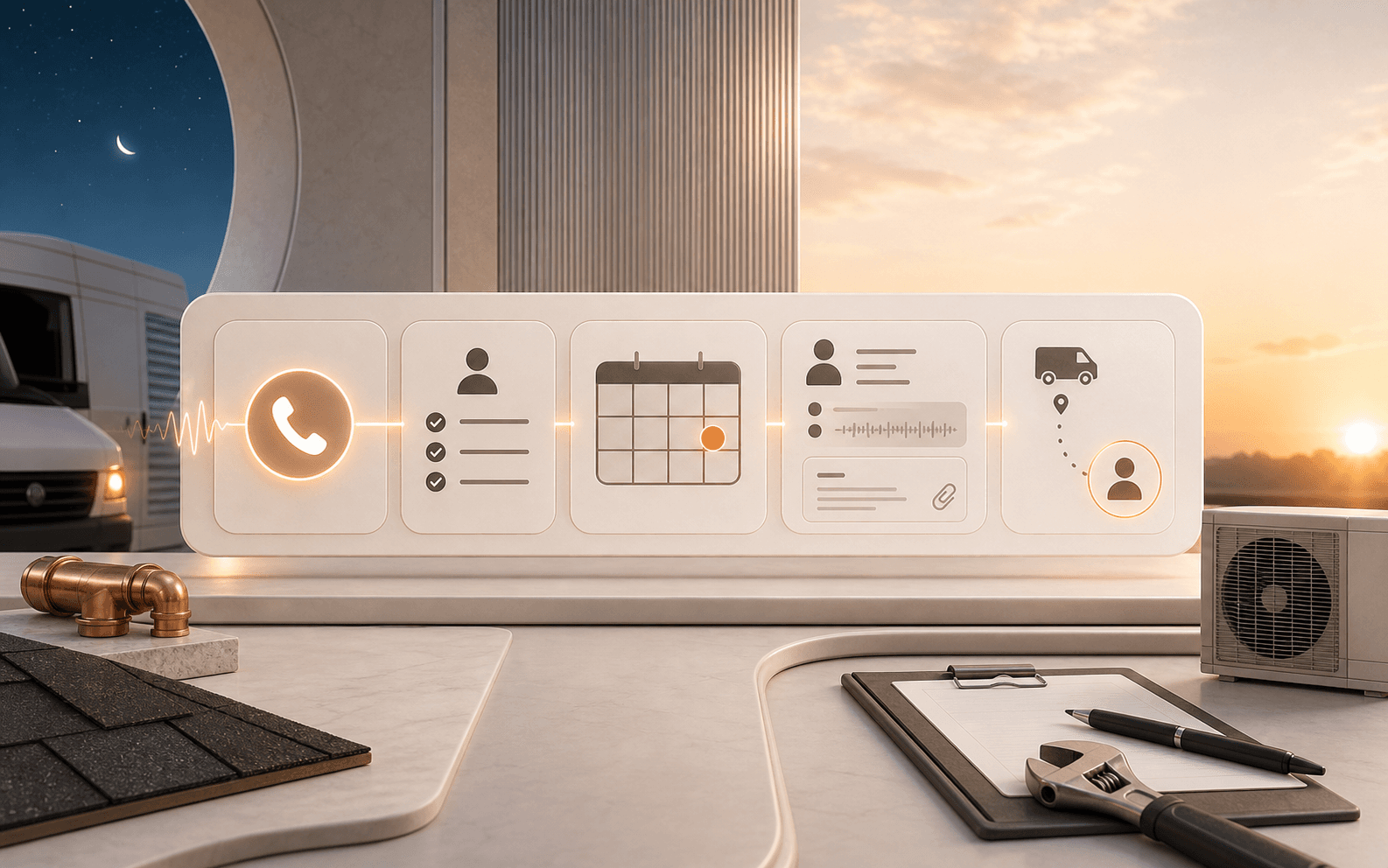 ProjectSetter CRM platform moving a trade-service call through qualification, booking, transcript, and field-service handoff