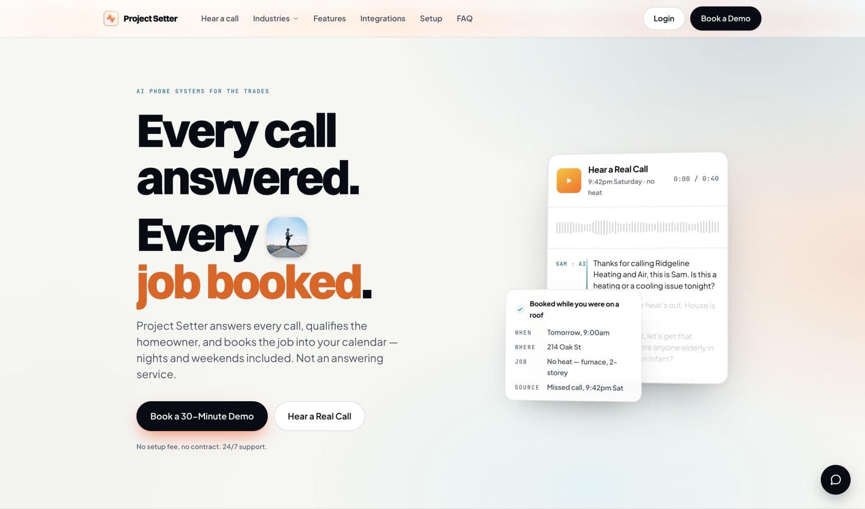 ProjectSetter website hero with a live call transcript and confirmed contractor appointment