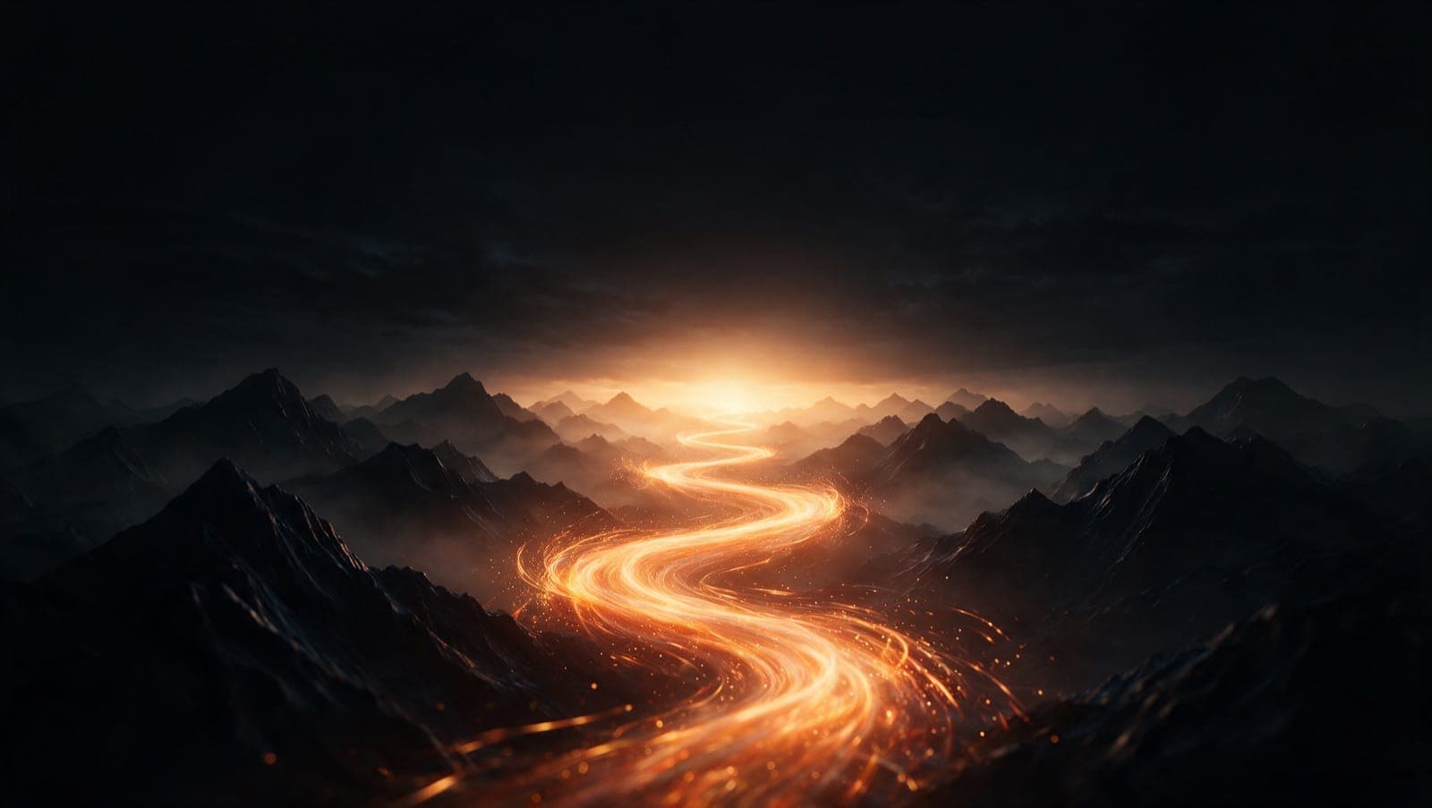 A glowing path ascending through a dark landscape toward a bright horizon