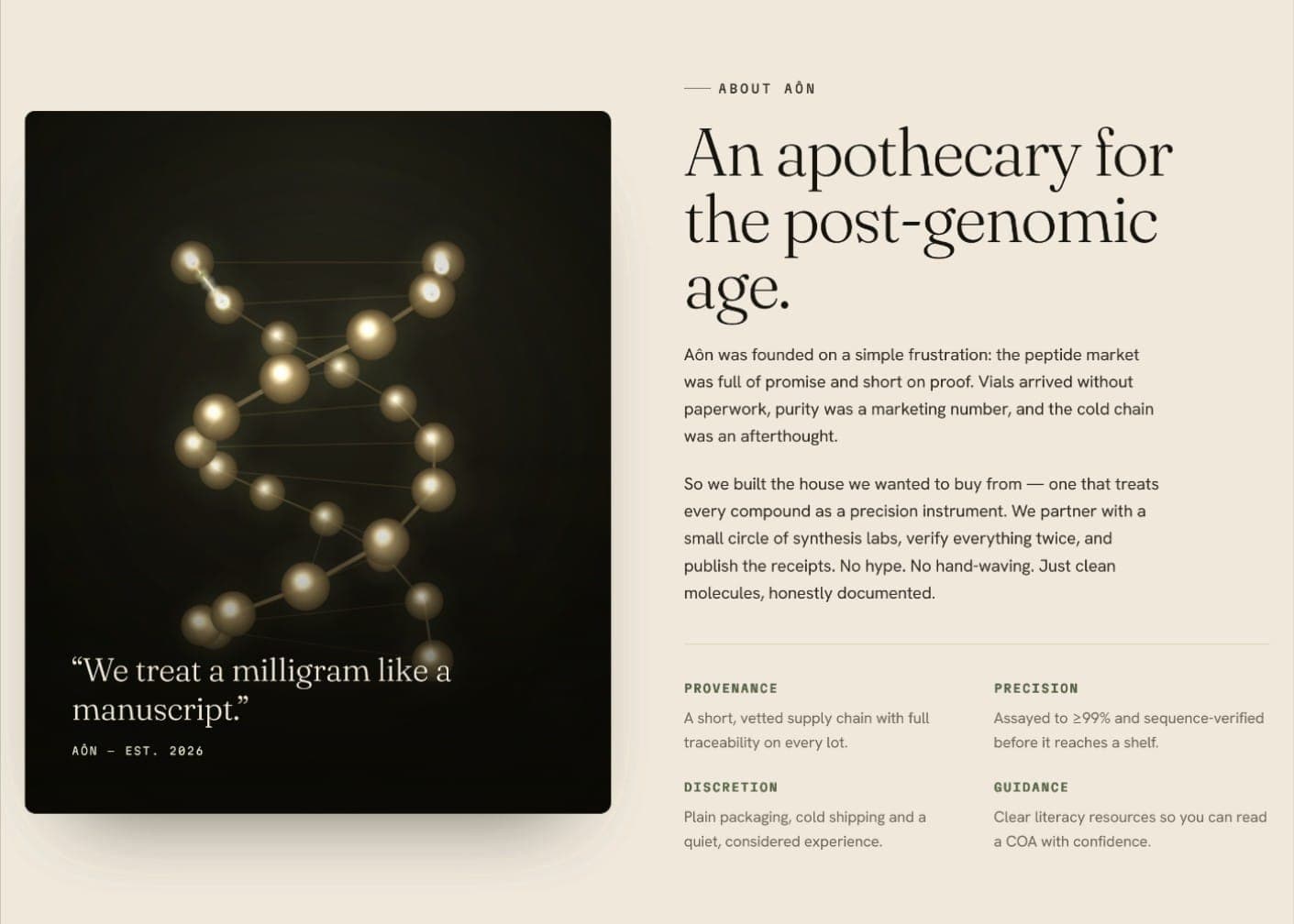 Aôn about page with molecular imagery and the apothecary brand story
