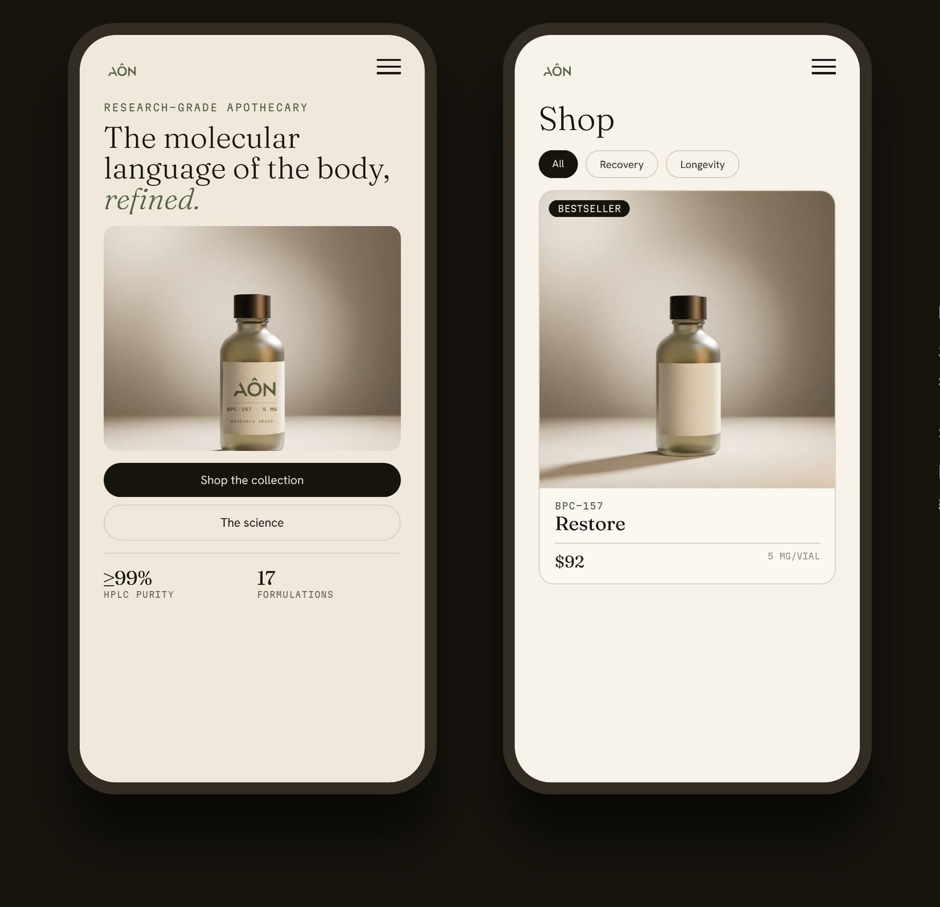 Aôn responsive home and shop experiences shown on two mobile devices