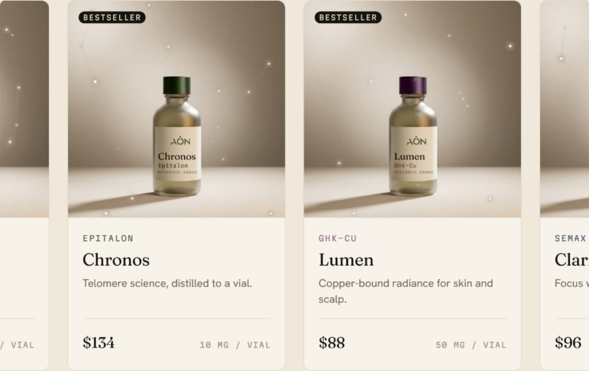 Aôn product system showing apothecary bottles, category labels, and editorial product cards
