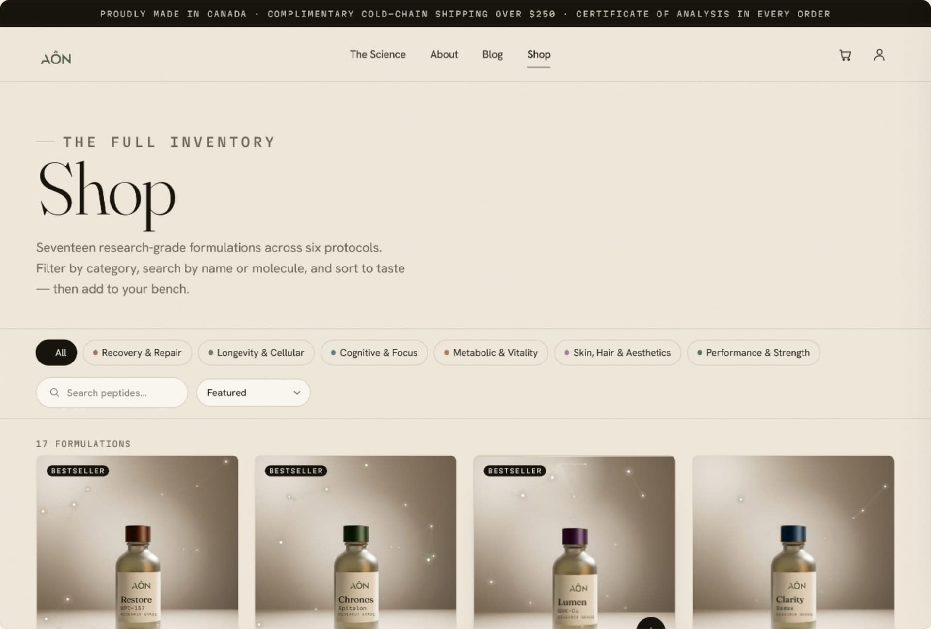 Aôn desktop shop with search, filters, category navigation, and a product grid