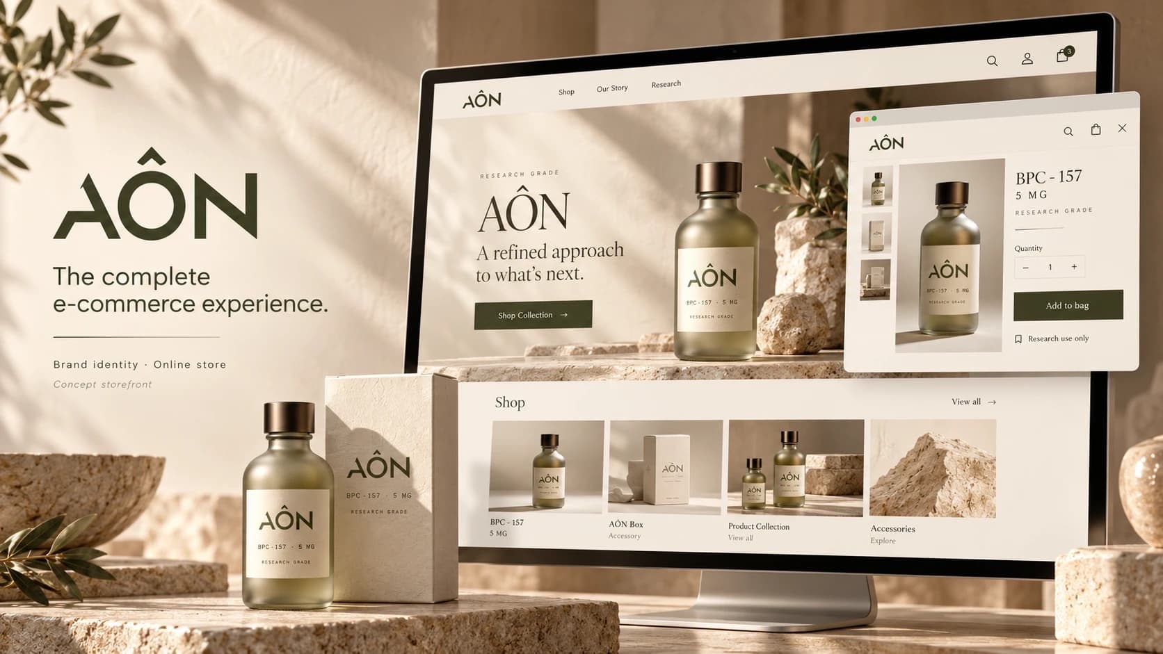Aôn brand identity and online store: storefront, product page and packaging