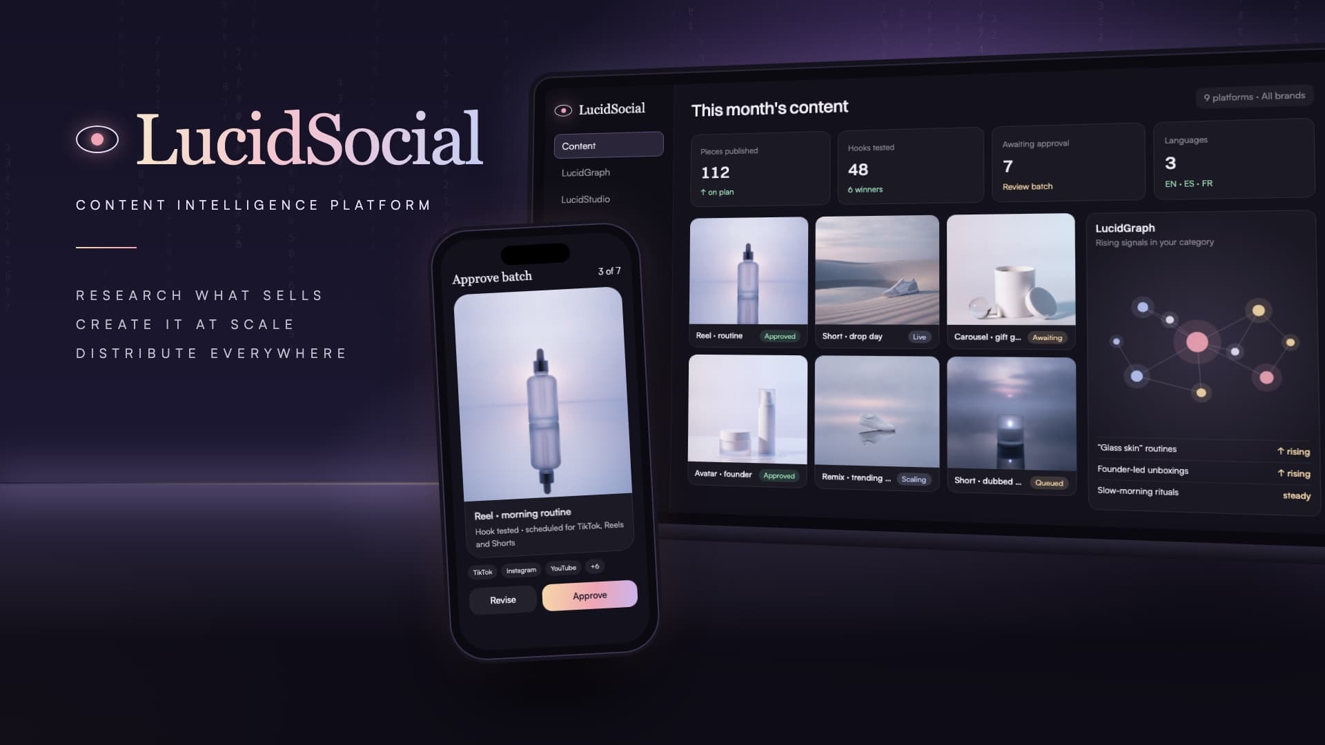 LucidSocial on laptop and phone: a month of content, LucidGraph signals and a batch awaiting approval