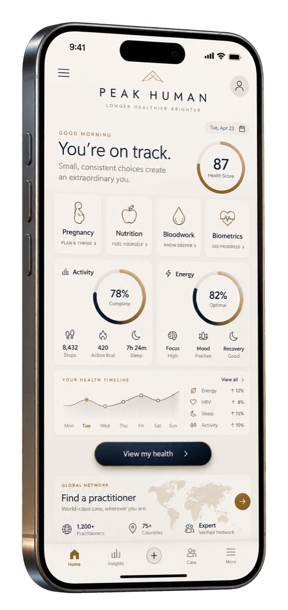 Peak Human iOS app home screen with a health score, activity and energy rings, and a practitioner finder