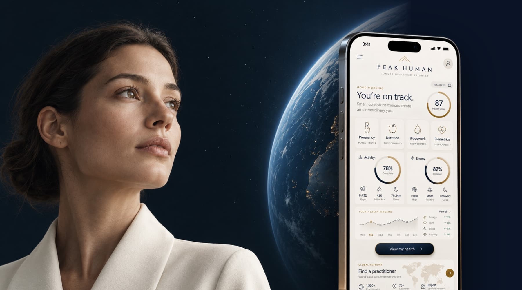 The Peak Human member app beside the brand's global imagery