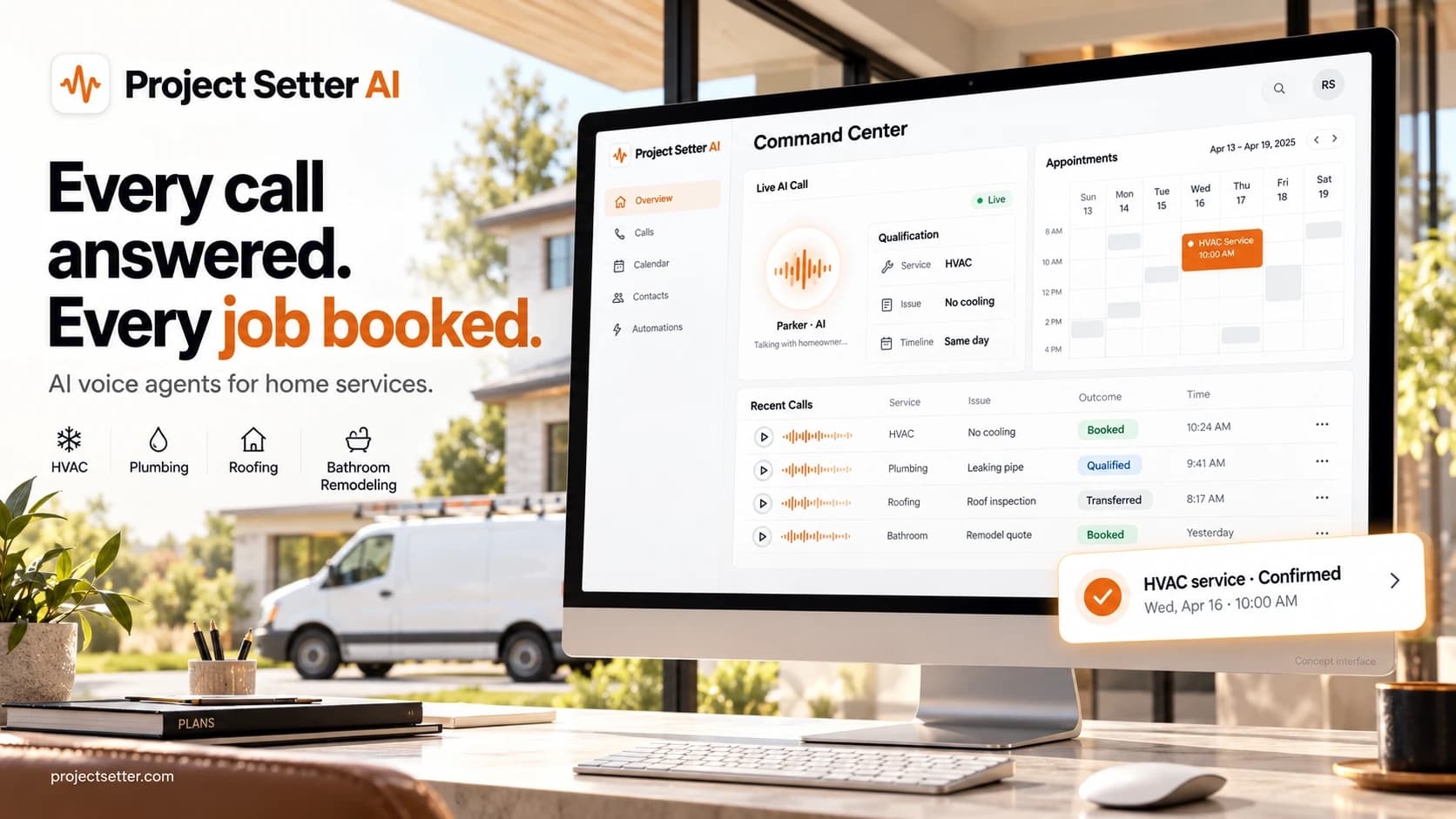 Project Setter AI command center: a live AI call qualifying an HVAC job, recent calls and outcomes, and a confirmed booking