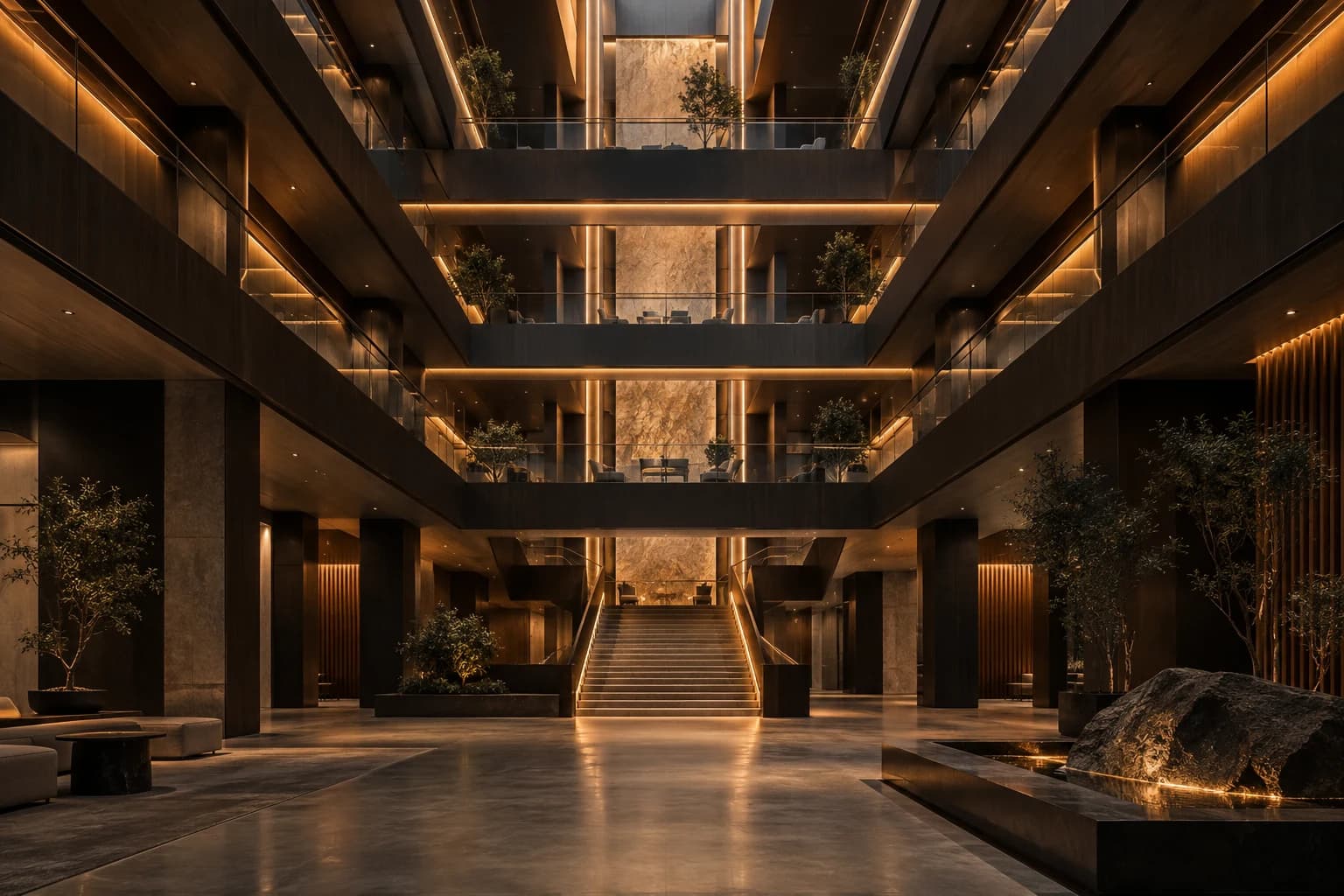 Warmly illuminated atrium connecting multiple levels of a contemporary workplace