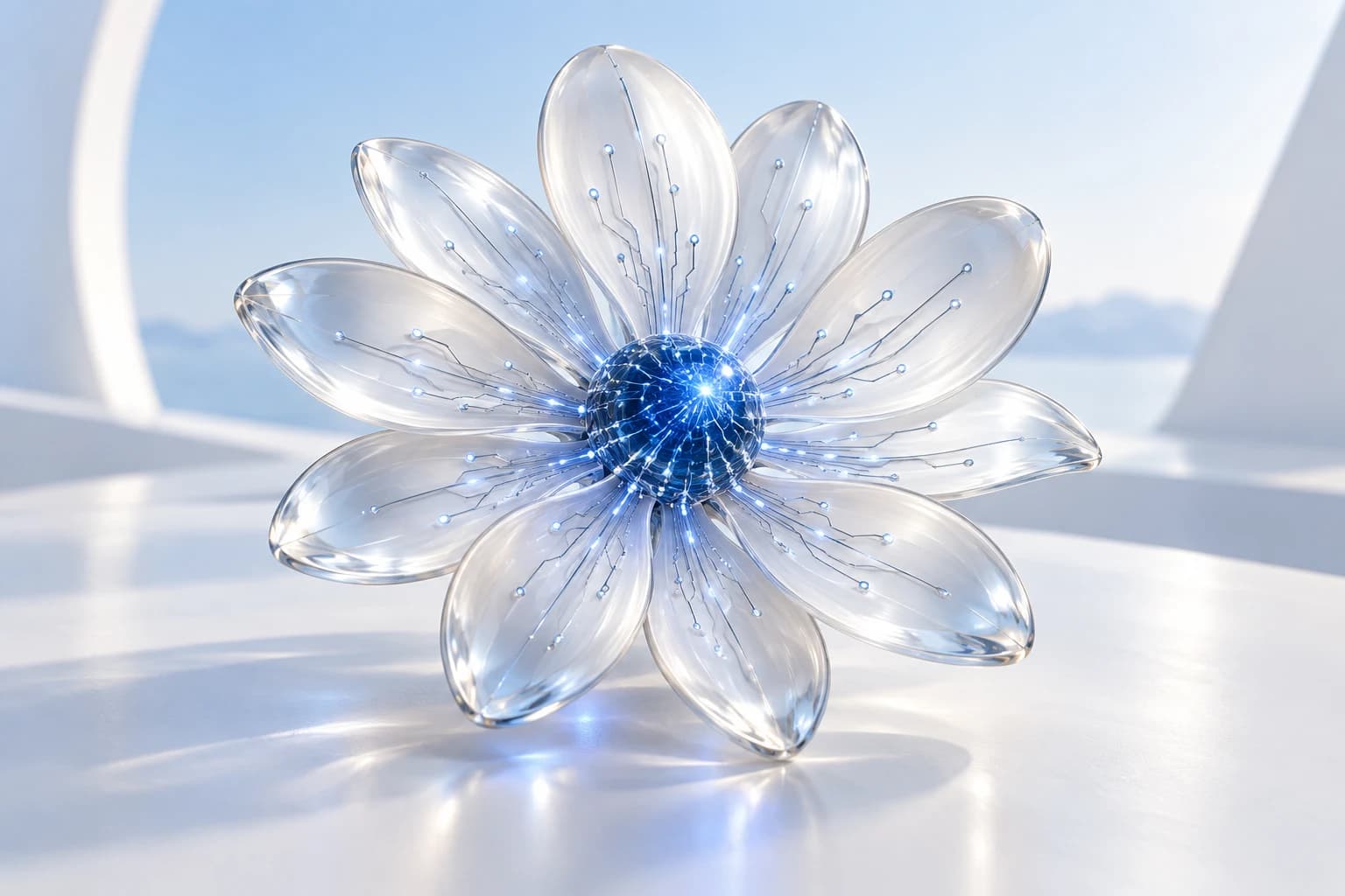 Conceptual Daisy+ AI flower with translucent petals and a connected cobalt core