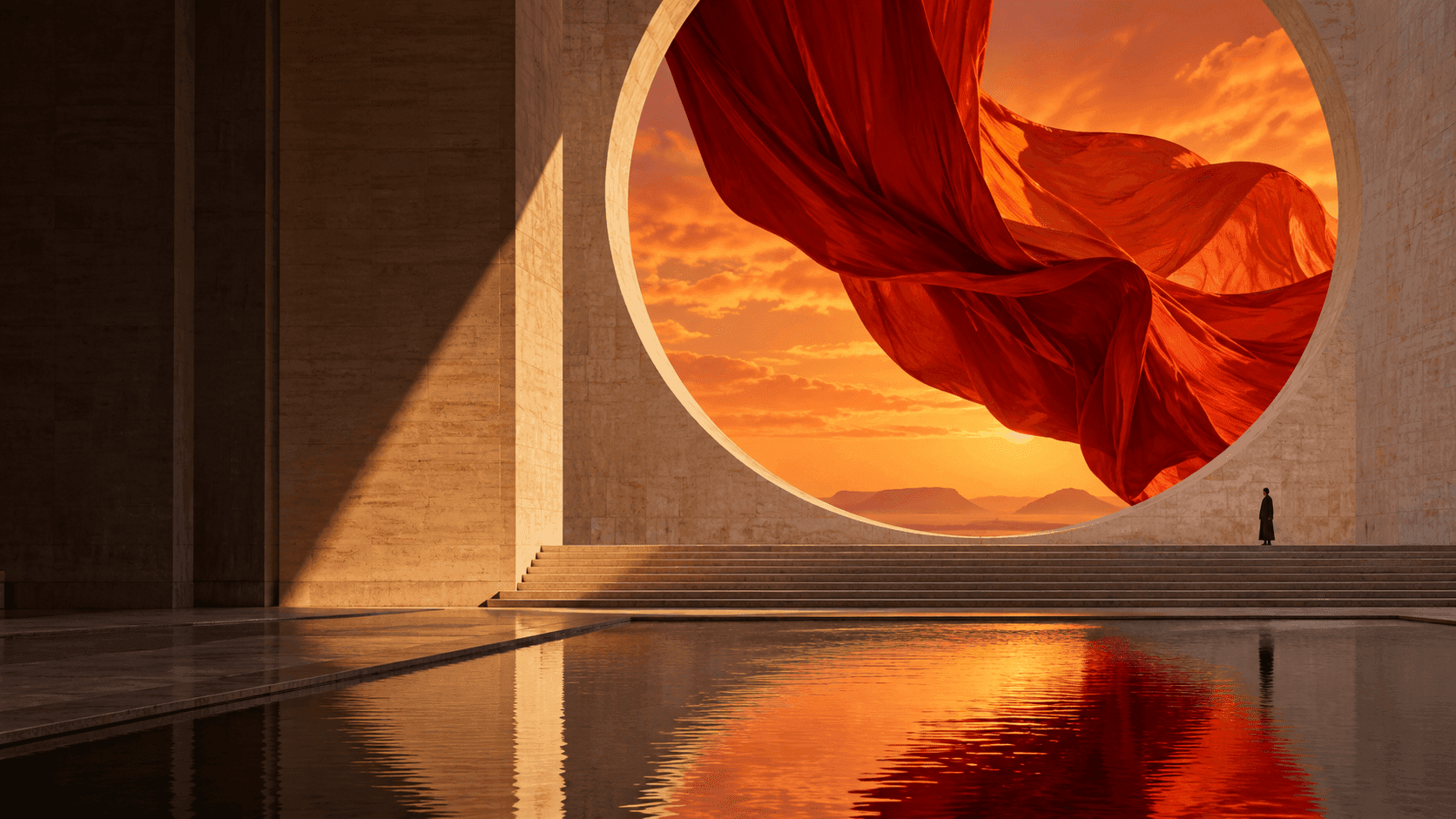 Monumental stone architecture framing a vermilion silk sculpture and sunset